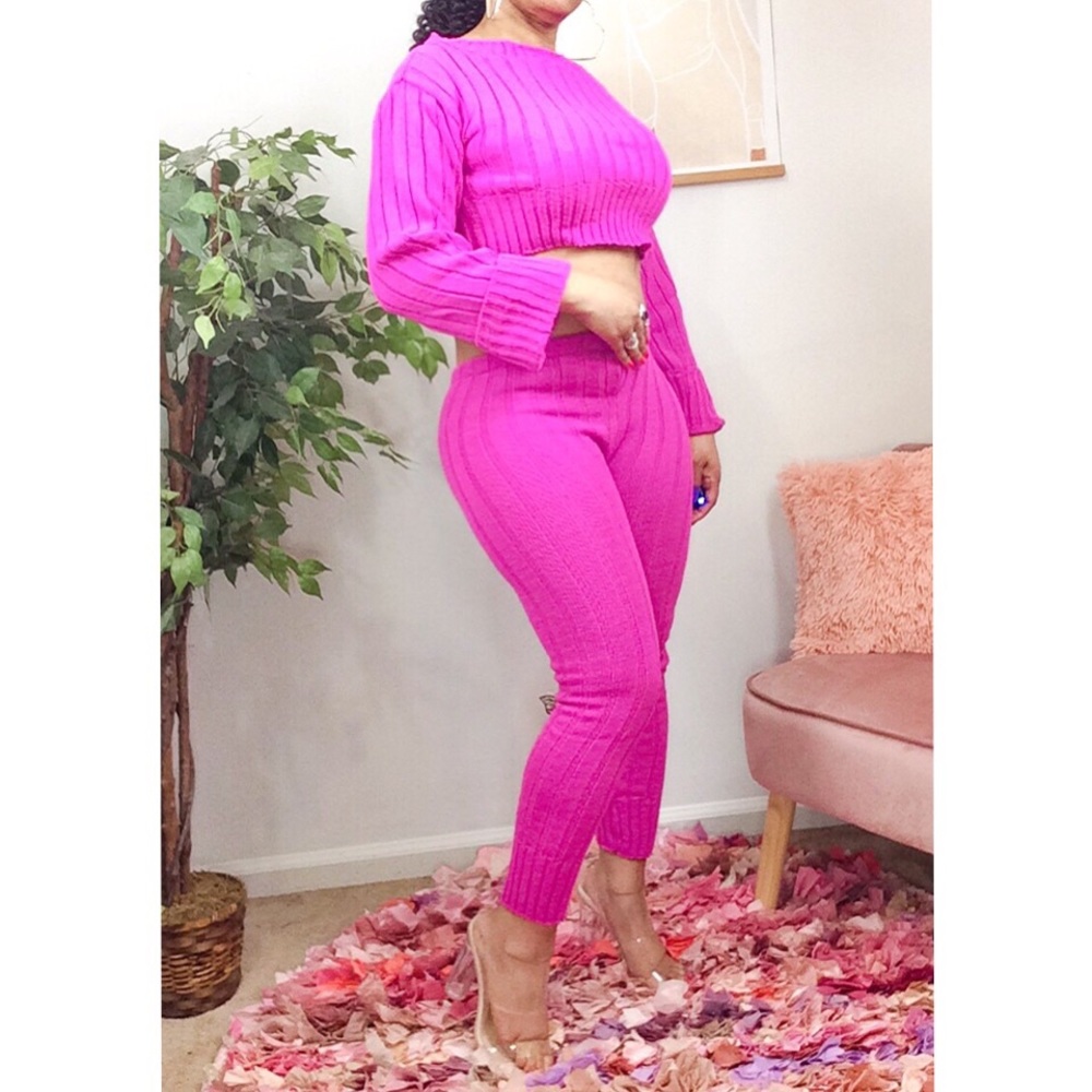 New! “Candii” 2 Pc Fuchsia Sweater Loungewear Set